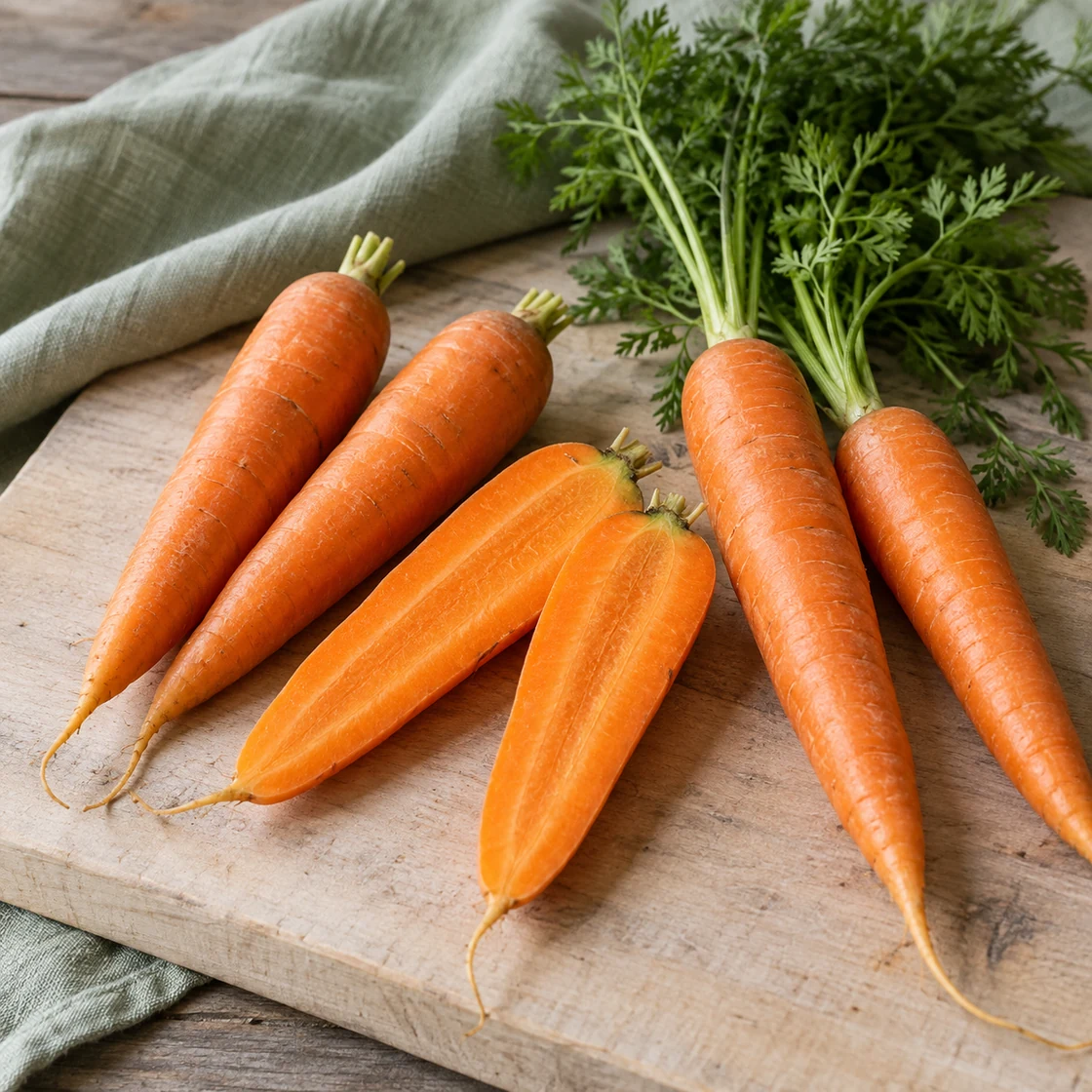 möhren gesund: ganze orange Karotten, eine längs halbierte Wurzel und grünes Laub auf einem Holzbrett