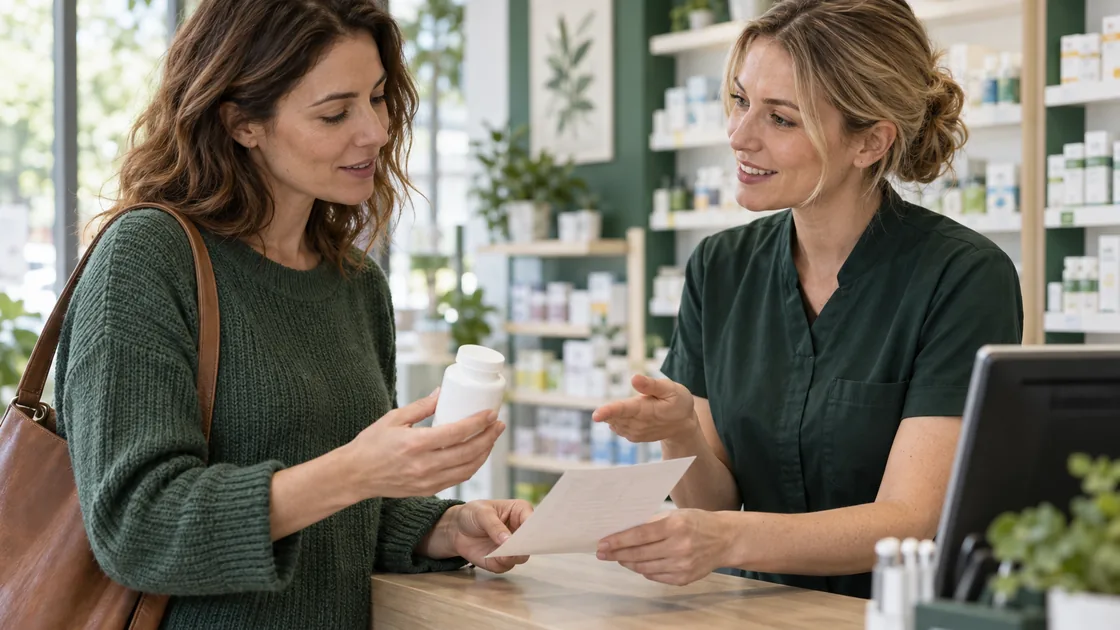 nahrungsergänzungsmittel sinnvoll – Gespräch in einer Apotheke über ein Präparat