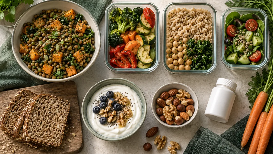 nahrungsergänzungsmittel sinnvoll – vielfältige Lebensmittel, Brot, Gemüse, Joghurt und Produktflasche