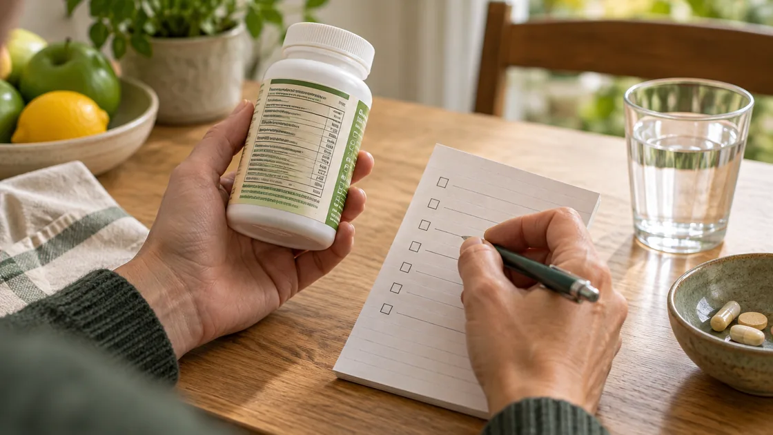 nahrungsergänzungsmittel sinnvoll – Etikett einer Produktflasche und Fragenliste