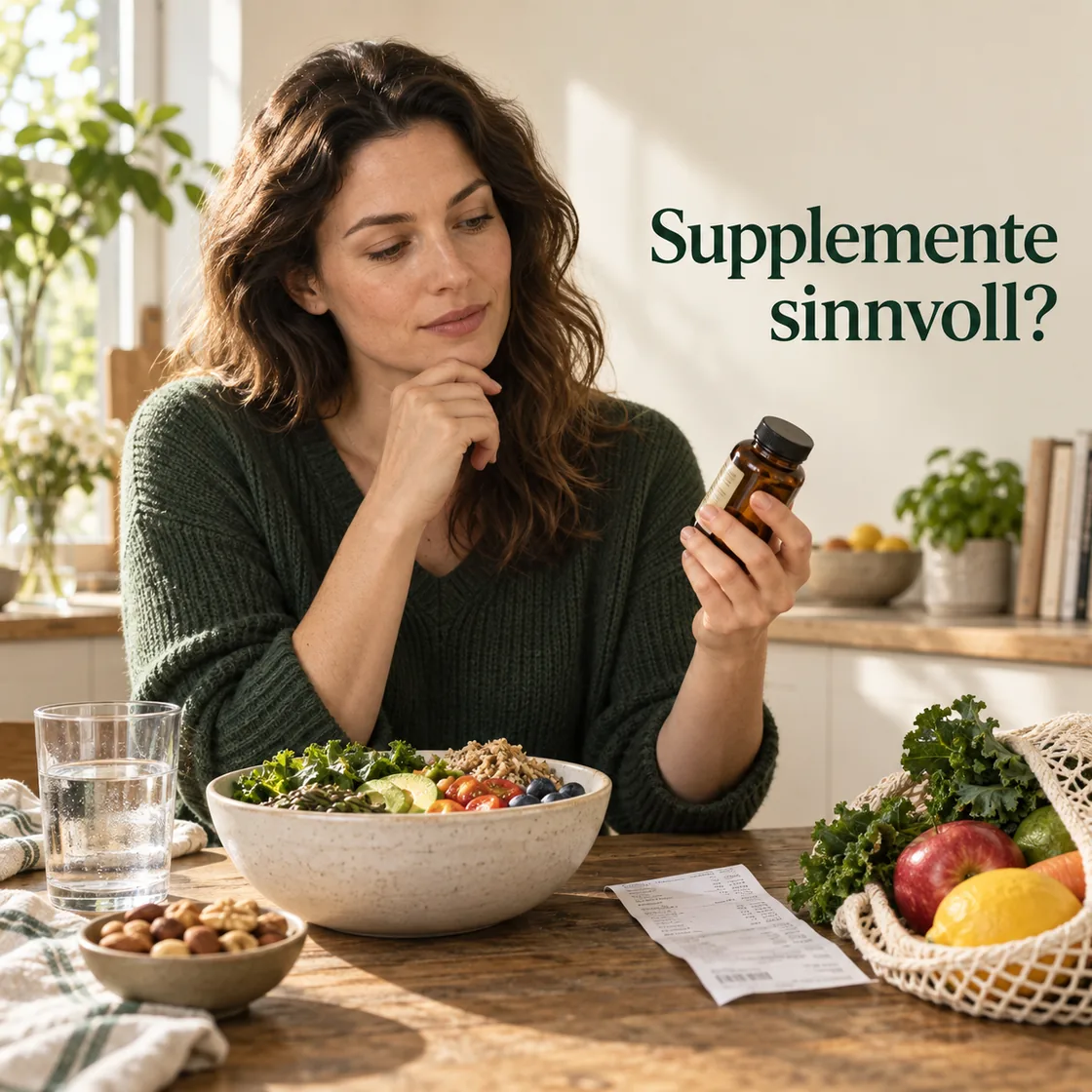 nahrungsergänzungsmittel sinnvoll – Frau mit Salat und Produktflasche, Bildtitel Supplemente sinnvoll?