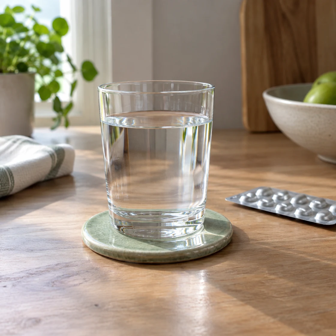 nebenwirkungen eisentabletten – Wasserglas neben einem geschlossenen Blister