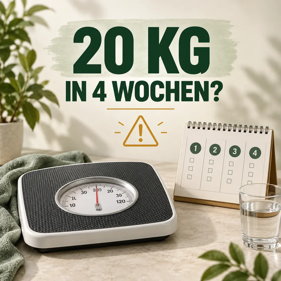 In 4 Wochen 20 kg abnehmen mit Nulldiät – Waage und Vier-Wochen-Kalender mit Warnhinweis.
