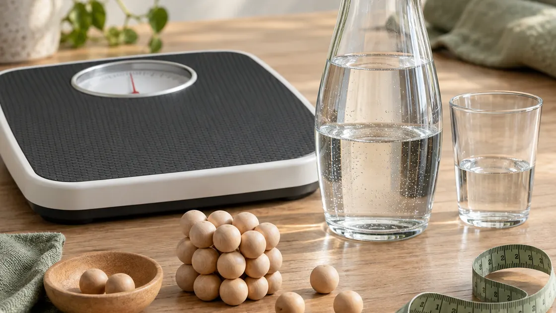 In 4 Wochen 20 kg abnehmen mit Nulldiät – Waage, Wasser und Speicher als Hinweis auf unterschiedliche Gewichtsanteile.