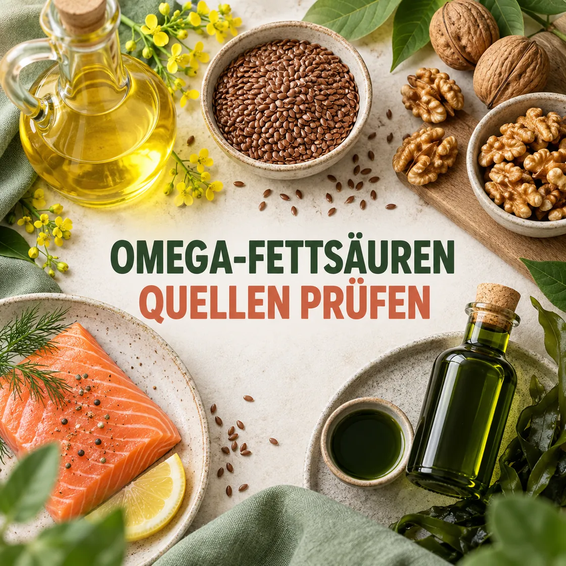 Omega Fettsäuren – Rapsöl, Leinsamen, Walnüsse, Lachs und Algenöl als unterschiedliche Quellen.