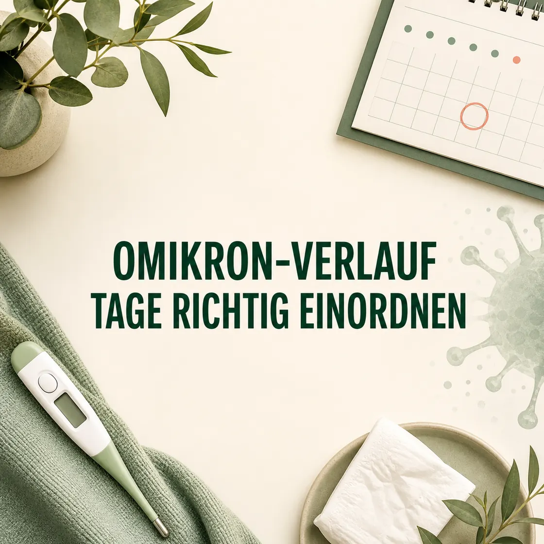Krankheitsverlauf Omikron Variante – Kalender, Thermometer und Virusmotiv zur zeitlichen Einordnung.