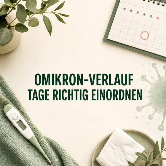 Krankheitsverlauf Omikron Variante – Kalender, Thermometer und Virusmotiv zur zeitlichen Einordnung.