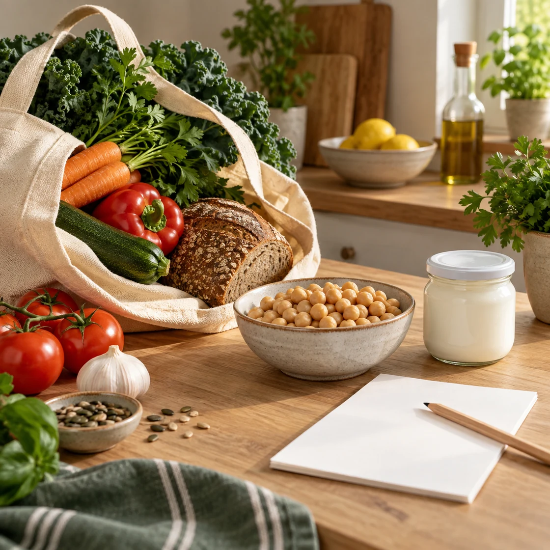 omnivore ernährung: Einkaufstasche mit Gemüse und Brot neben Kichererbsen, Joghurt und leerem Notizpapier