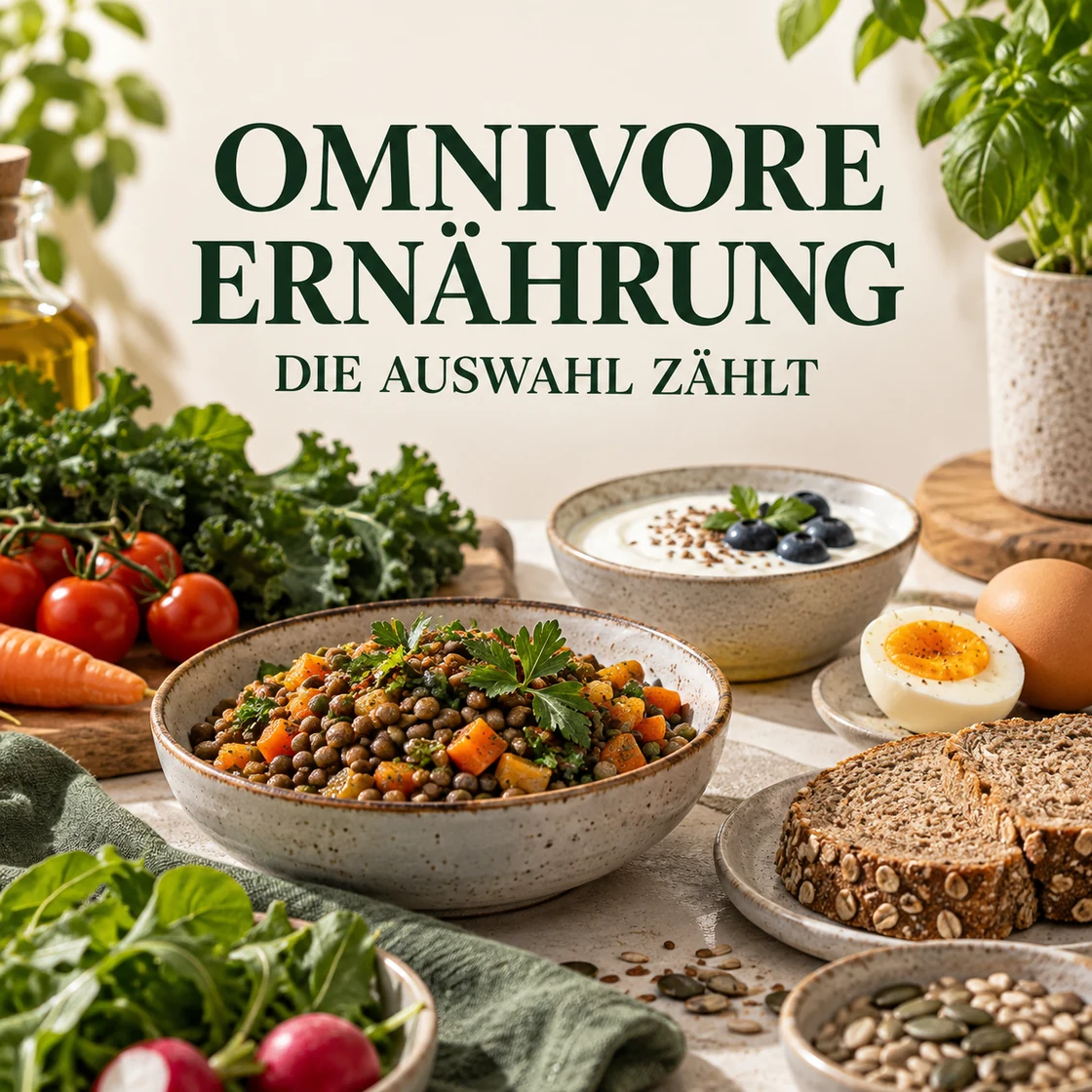 Linsengericht, Gemüse, Brot, Joghurt und Ei unter dem Schriftzug OMNIVORE ERNÄHRUNG DIE AUSWAHL ZÄHLT