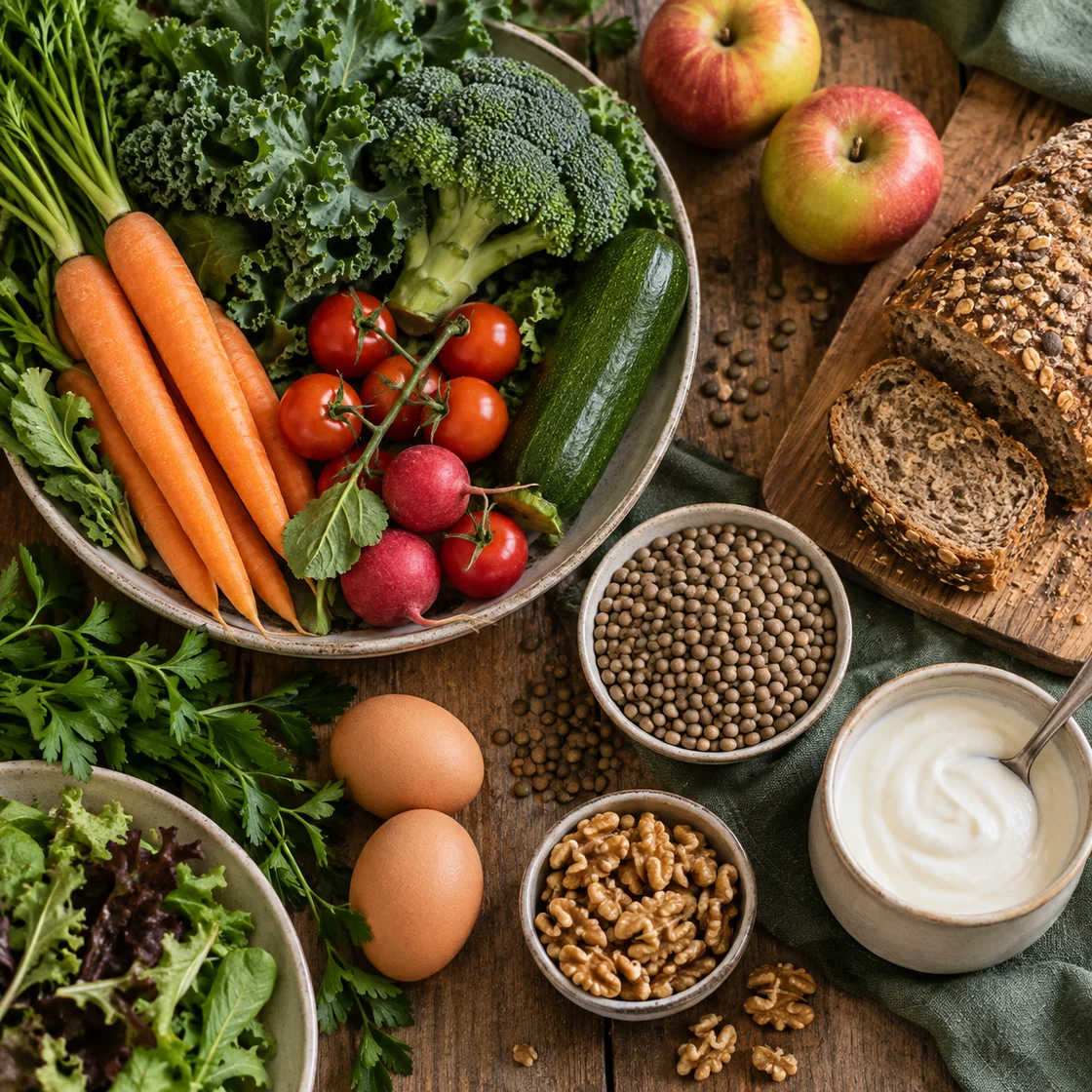 omnivore ernährung: Gemüse, Äpfel, Vollkornbrot, Linsen und Walnüsse neben Eiern und Joghurt