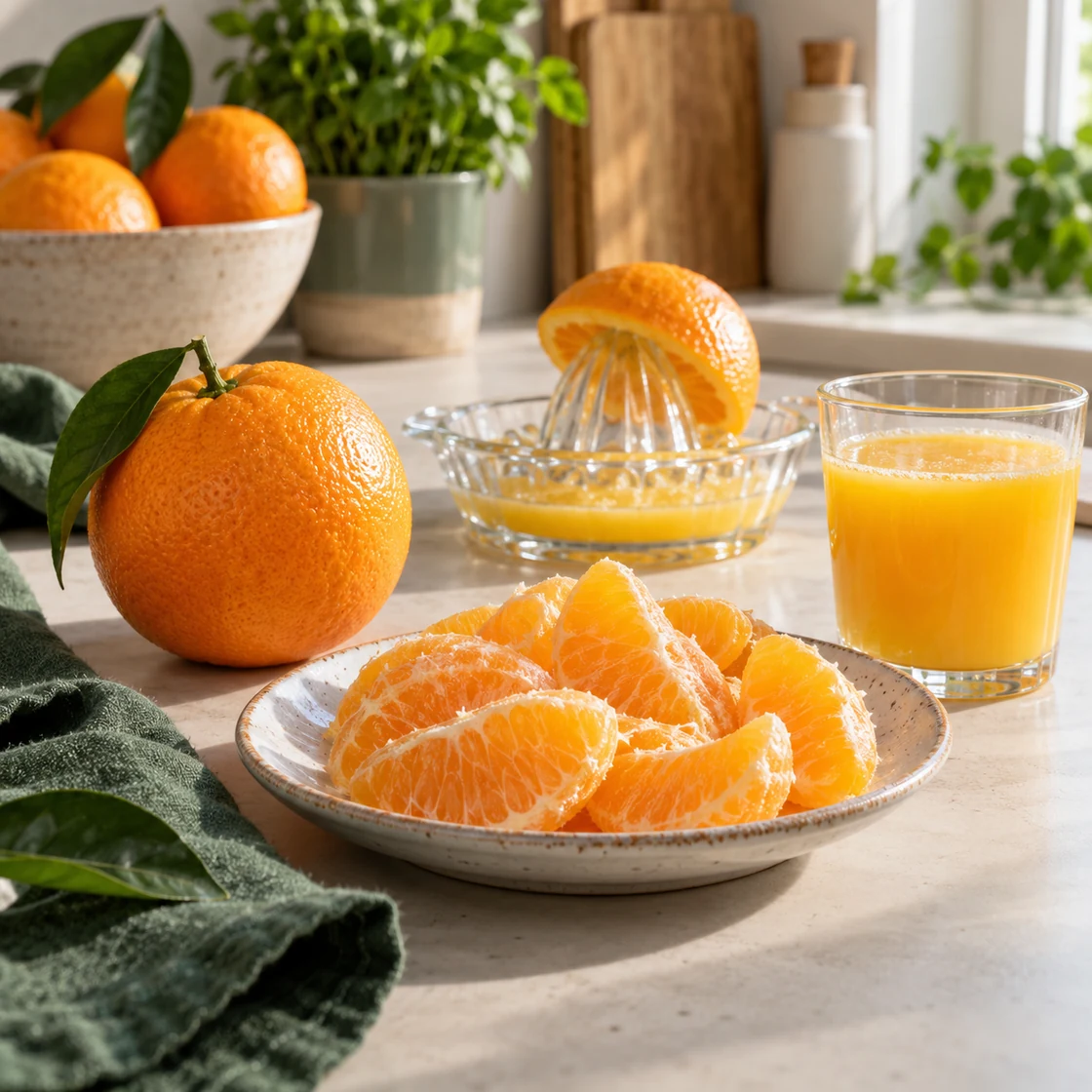 orangen gesund: Frucht und geschälte Segmente neben Orangensaft im Glas und einer Glaspresse