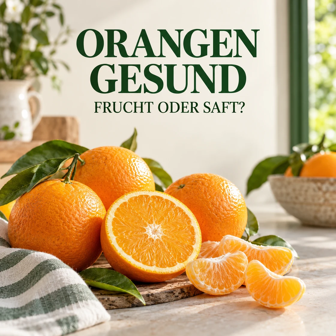 Orangen und ein halbes Fruchtstück unter dem Schriftzug ORANGEN GESUND FRUCHT ODER SAFT?