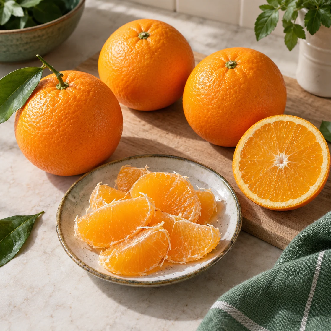 orangen gesund: ganze Orangen, eine halbierte Frucht und geschälte Segmente mit weißer Haut