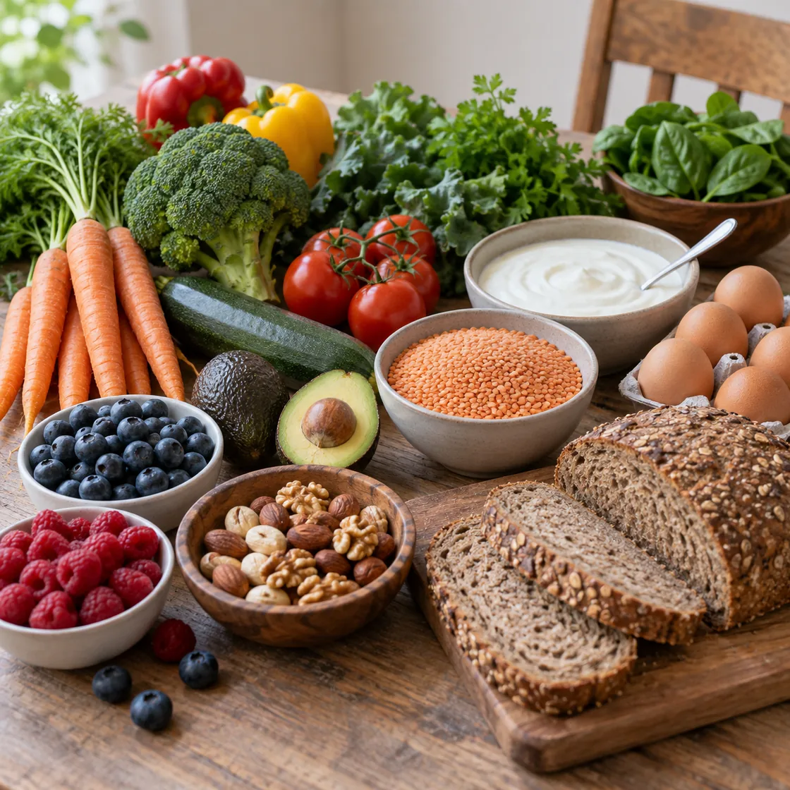paleo diät – Lebensmittelgruppen mit Gemüse, Linsen, Vollkorn und Joghurt