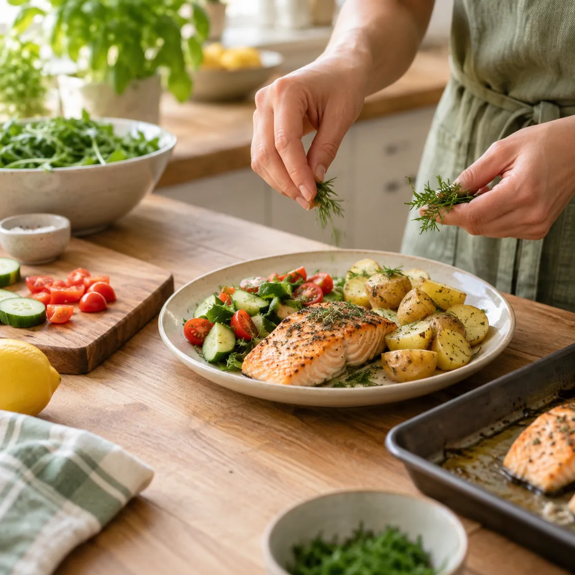 paleo diät – Gemüse, Fisch und Kartoffeln in der Küche