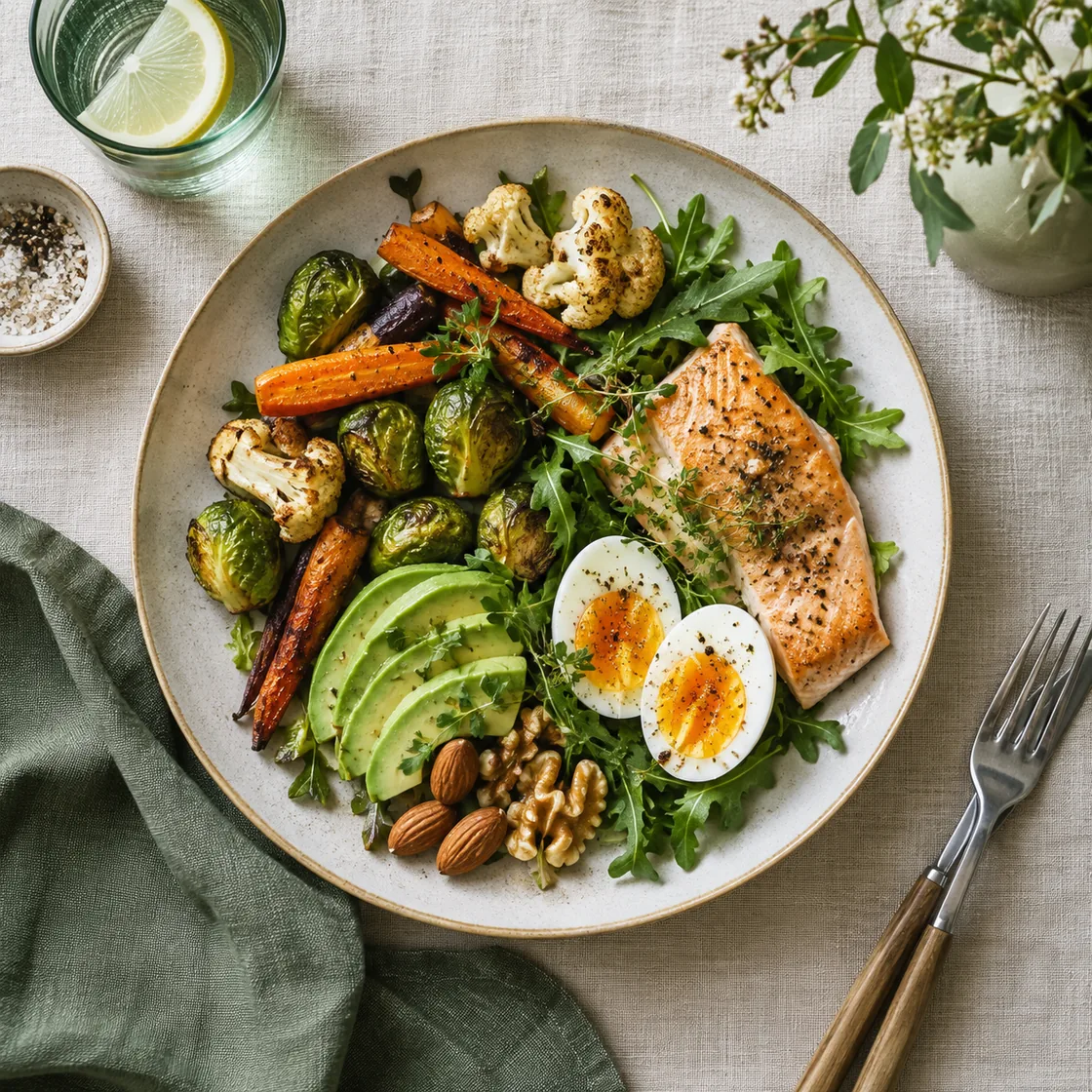 paleo diät – Mahlzeit mit Gemüse, Fisch und Ei