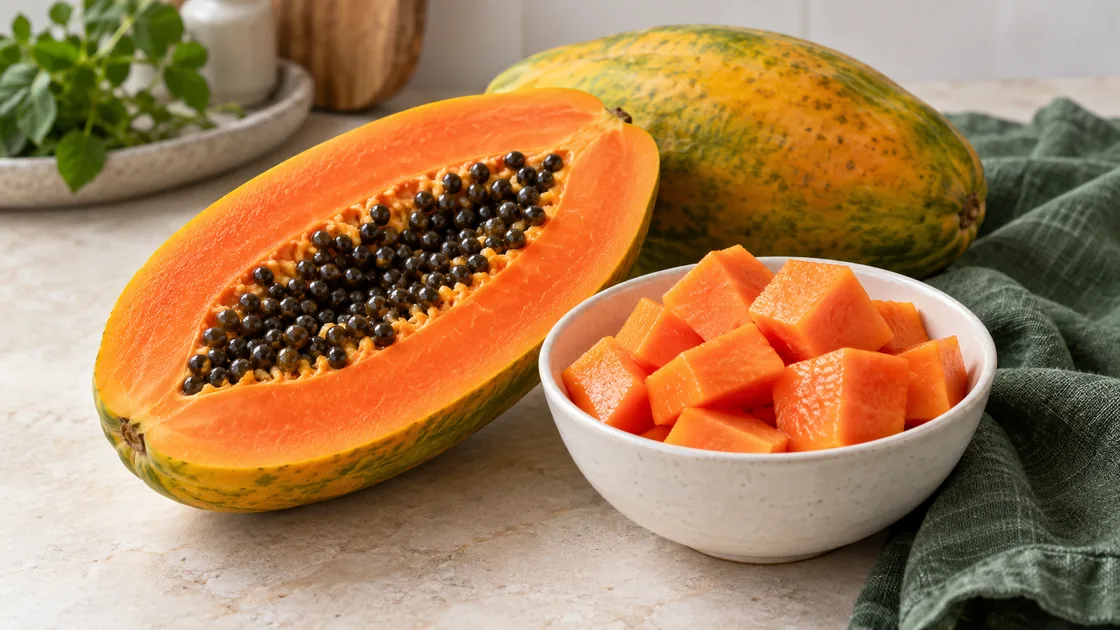 Papaya gesund: reife Fruchthälfte mit schwarzen Kernen und geschälte Würfel in einer Schale