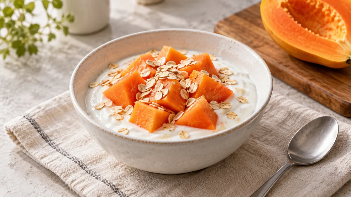 Papaya gesund: Fruchtwürfel mit Naturjoghurt und Haferflocken in einer Schale