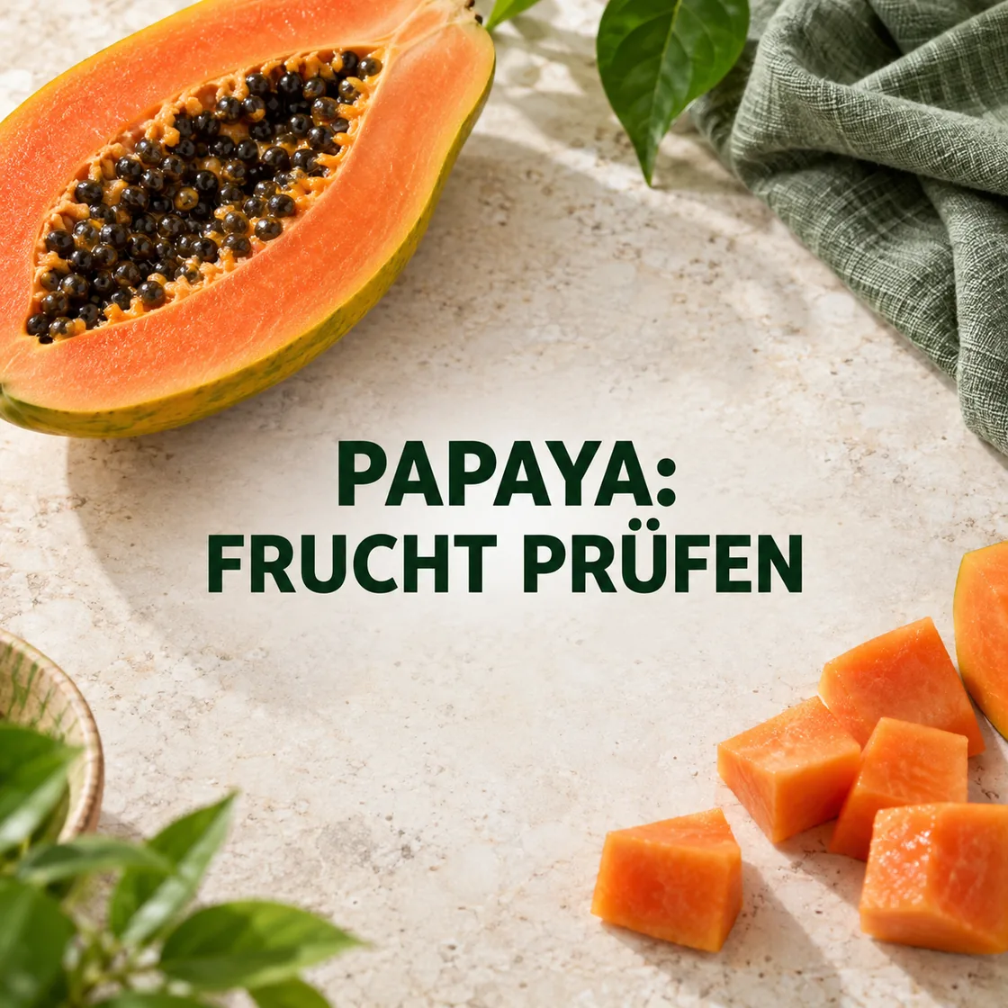 Papaya gesund: reife Papayahälfte und Fruchtwürfel mit dem Schriftzug PAPAYA: FRUCHT PRÜFEN