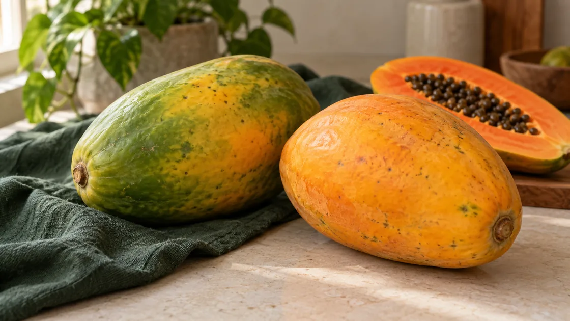 Papaya gesund: ganze gelbgrüne und gelborange Früchte neben einer aufgeschnittenen Papaya