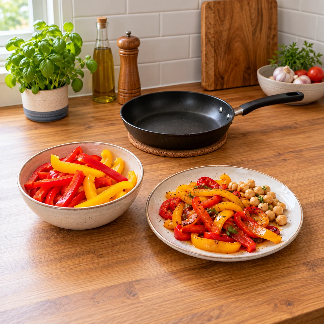 paprika gesund: rohe Streifen neben gegarten Stücken und Kichererbsen auf vollständig sichtbarem Geschirr