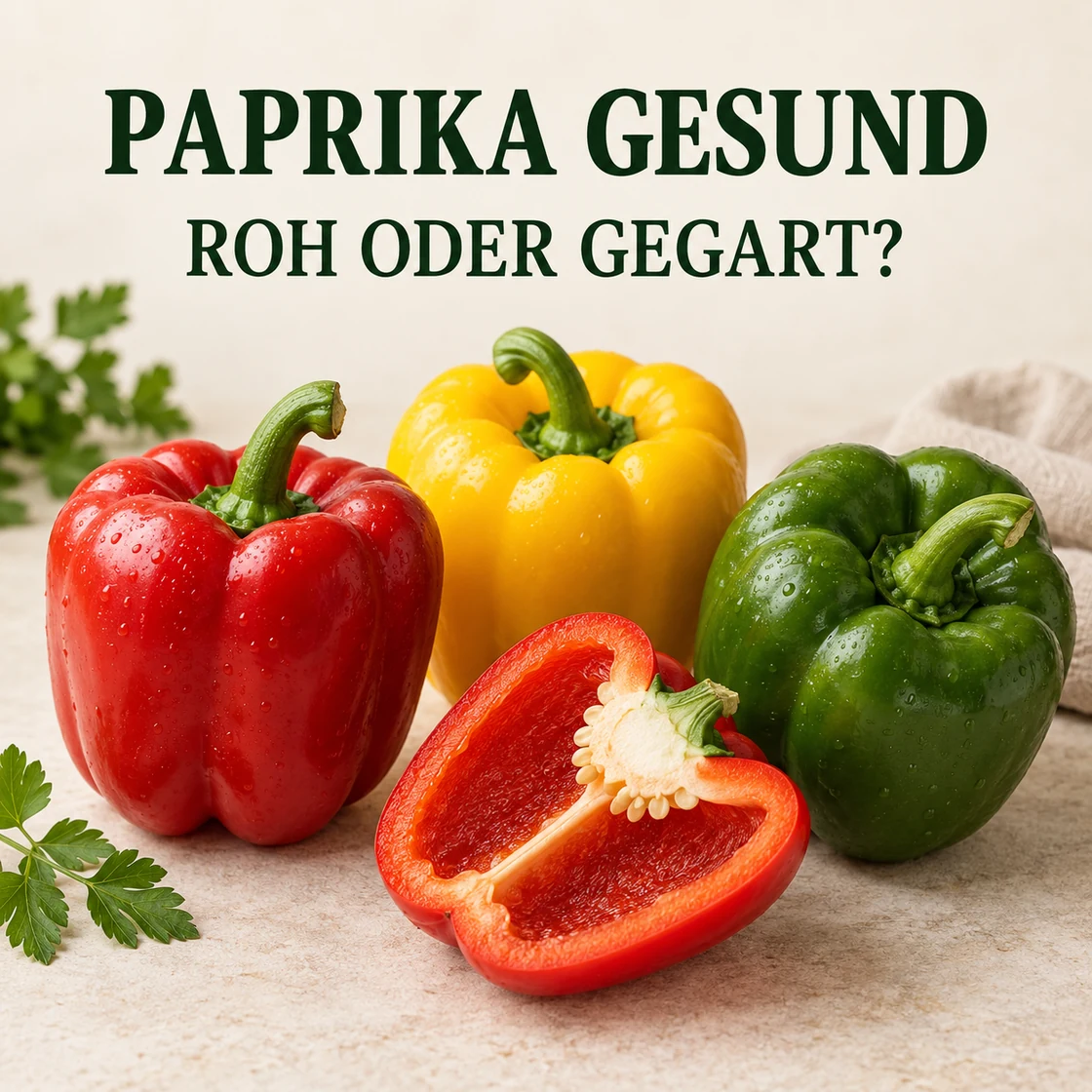 Paprika und eine halbierte Frucht unter dem Schriftzug PAPRIKA GESUND ROH ODER GEGART?