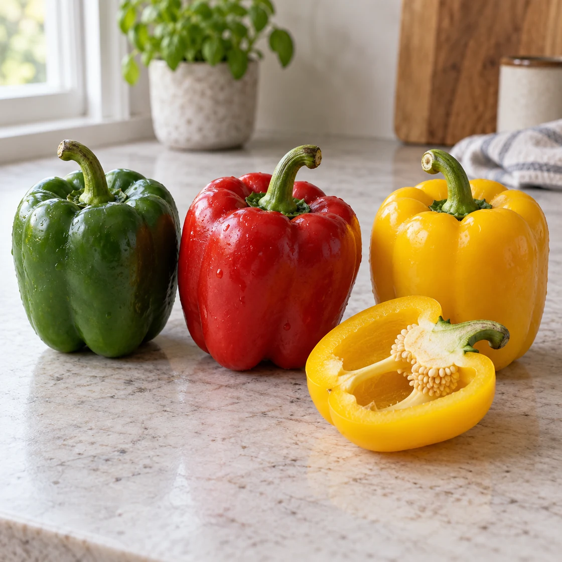 paprika gesund: grüne, rote und gelbe Gemüsepaprika mit einer halbierten gelben Frucht