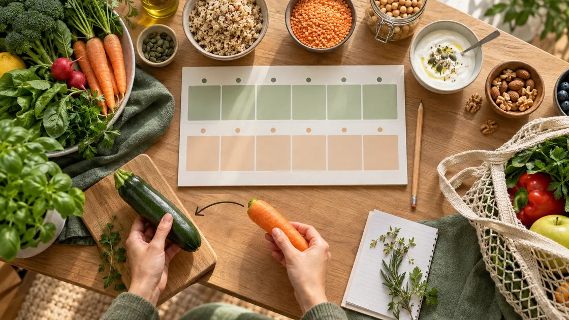 Personalisierte Ernährung – zweiwöchiger Plan mit Mahlzeiten, Notizen und einem Lebensmitteltausch.