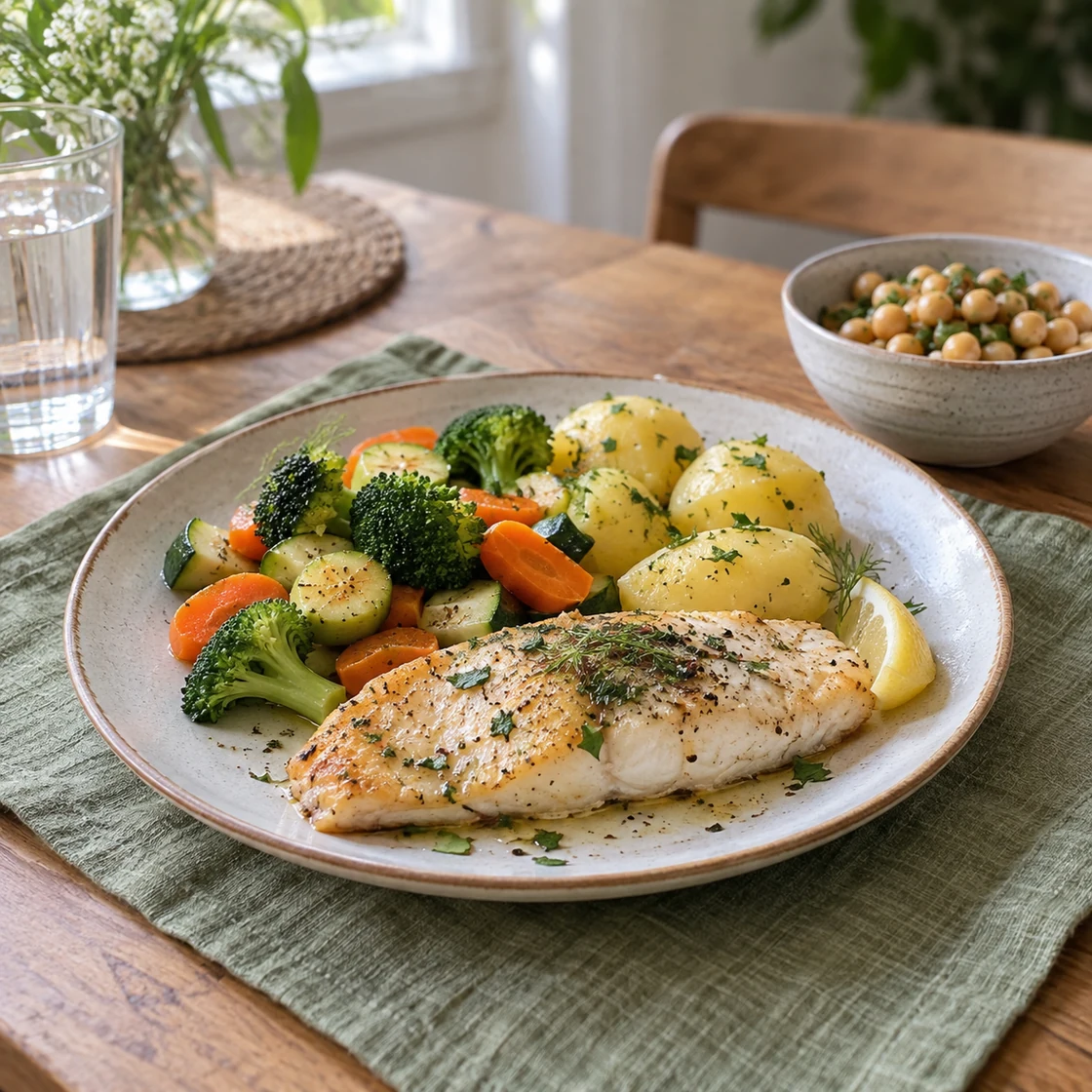 Pescetarische Ernährung: gegarter Fisch mit Kartoffeln und Gemüse neben Kichererbsen