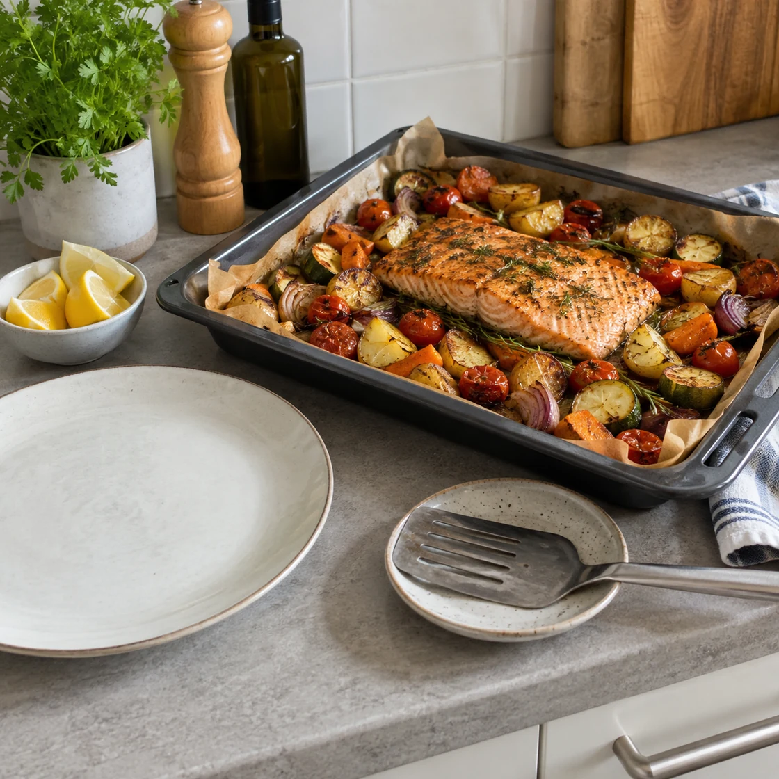 Pescetarische Ernährung: Ofenfisch mit Gemüse auf einem Blech und sauberem Serviergerät
