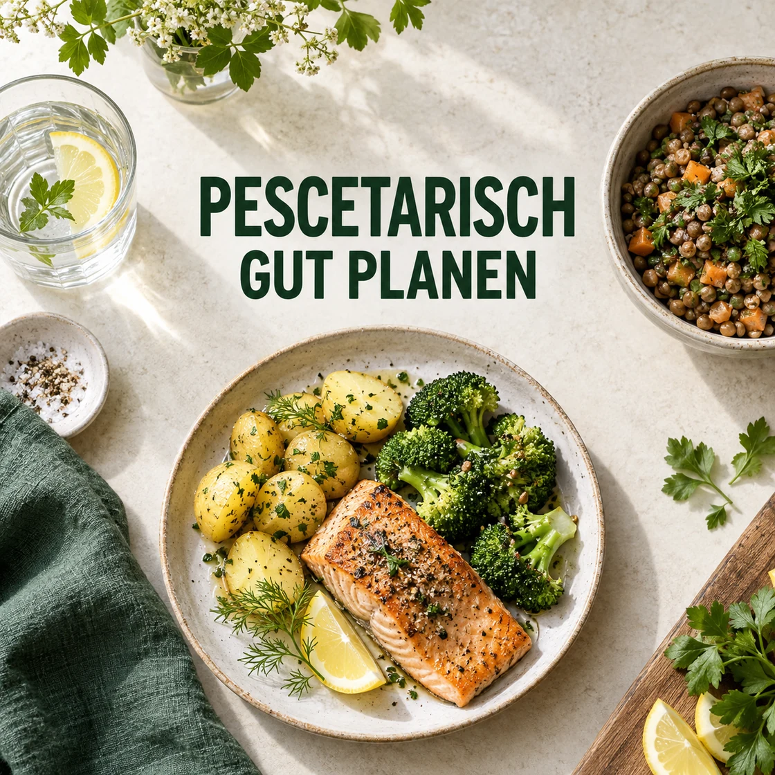 Pescetarische Ernährung: gegarter Fisch mit Gemüse und Schriftzug PESCETARISCH GUT PLANEN