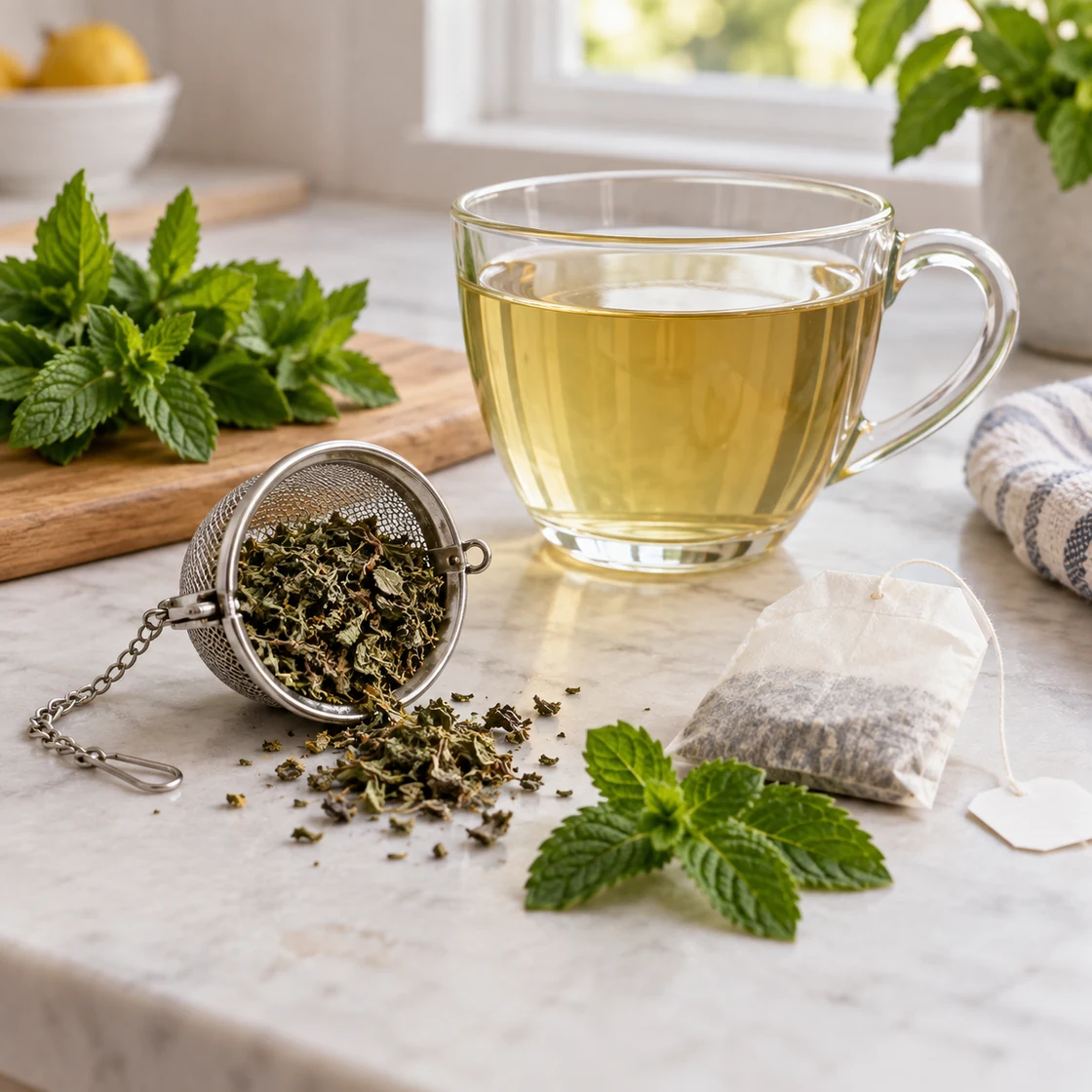 Pfefferminztee gesund: lose Minzblätter, Teesieb, Teebeutel und aufgegossene Tasse