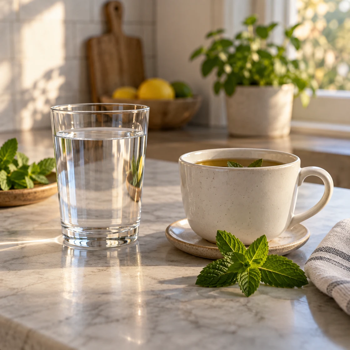 Pfefferminztee gesund: Wasserglas und Kräuterteetasse als abwechslungsreiche Getränkeauswahl
