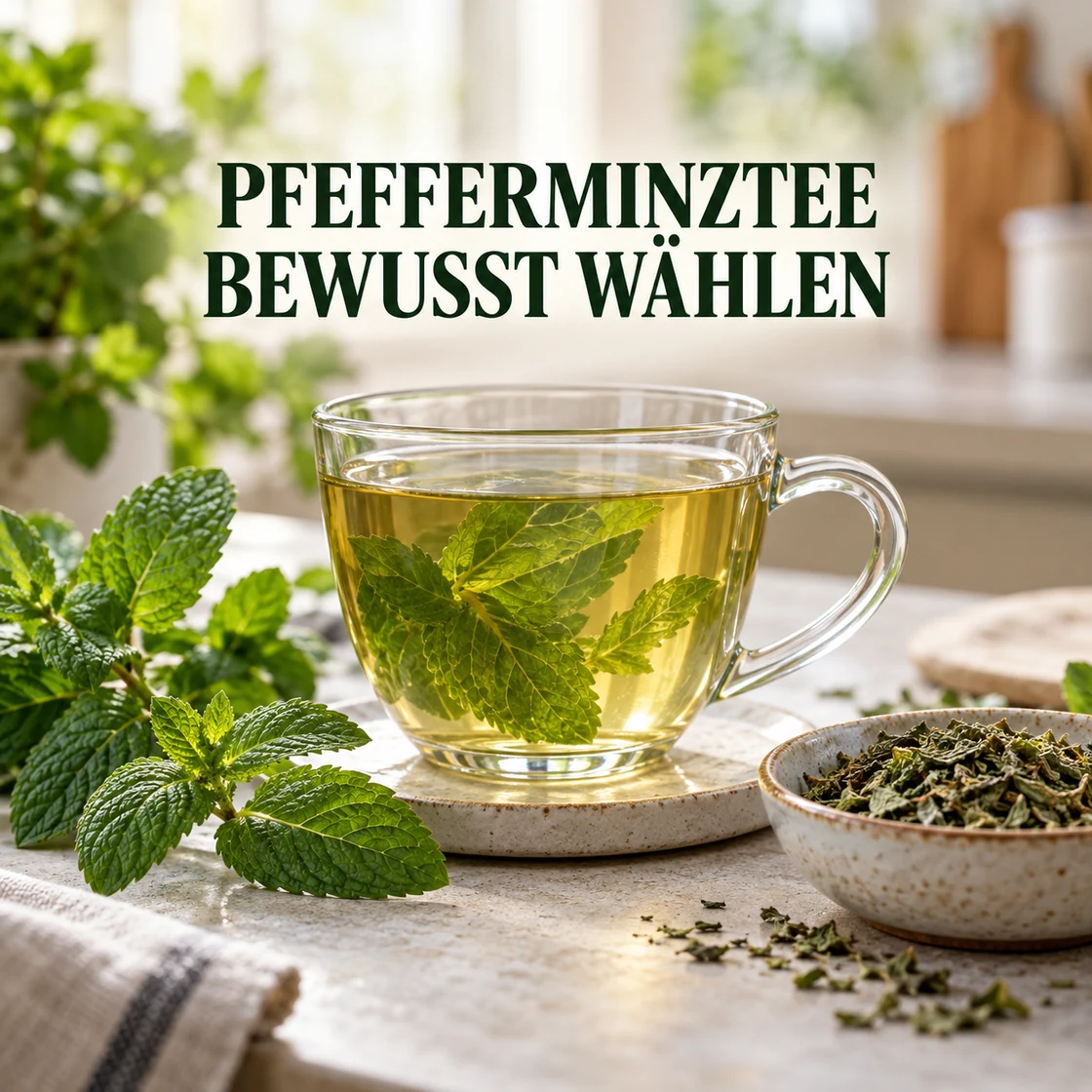 Pfefferminztee gesund: Tasse mit Minzblättern und Schriftzug PFEFFERMINZTEE BEWUSST WÄHLEN