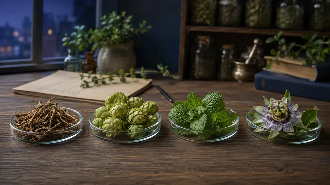 Pflanzliche Schlafmittel zum Durchschlafen – Baldrianwurzel, Hopfenzapfen, Melissenblätter und Passionsblume getrennt auf Schalen.