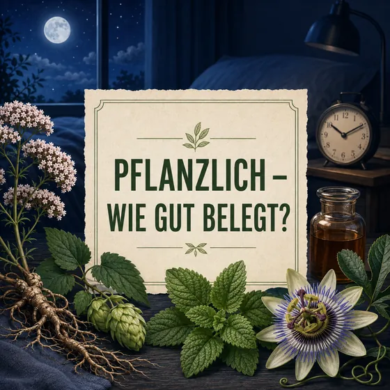 Pflanzliche Schlafmittel zum Durchschlafen – Baldrian, Hopfen, Melisse und Passionsblume vor einem nächtlichen Schlafzimmer.
