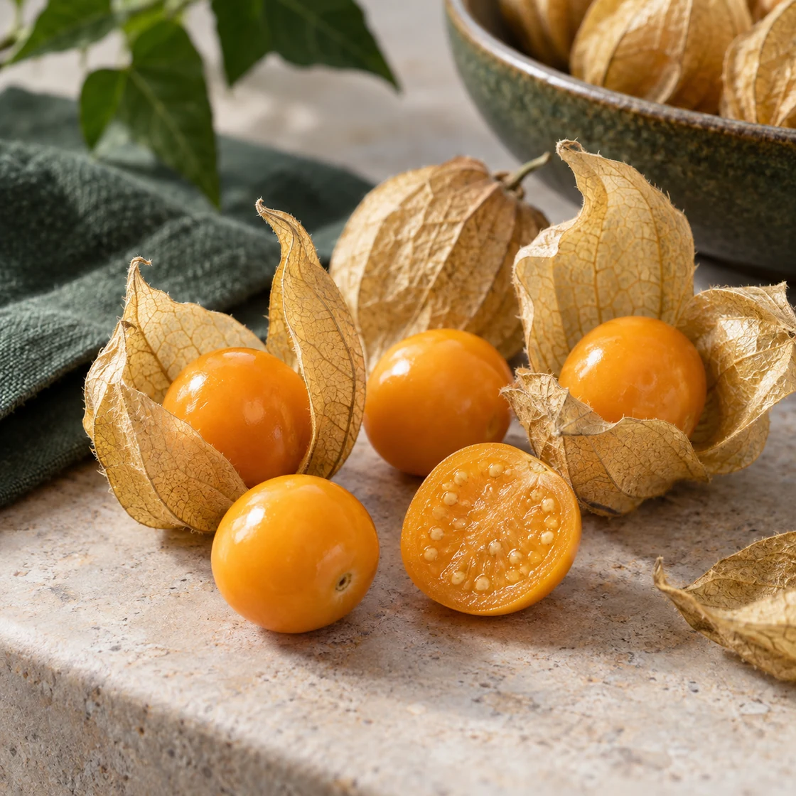 Physalis gesund: goldgelbe Beeren, eine angeschnittene Frucht und trockene Papierhüllen