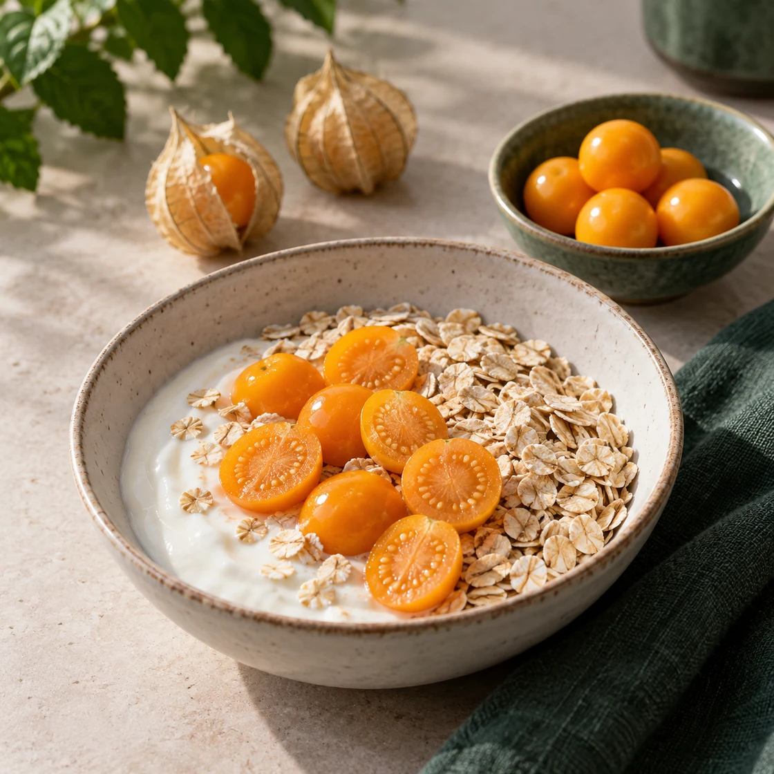 Physalis gesund: Naturjoghurt und Haferflocken mit gewaschenen halbierten Beeren
