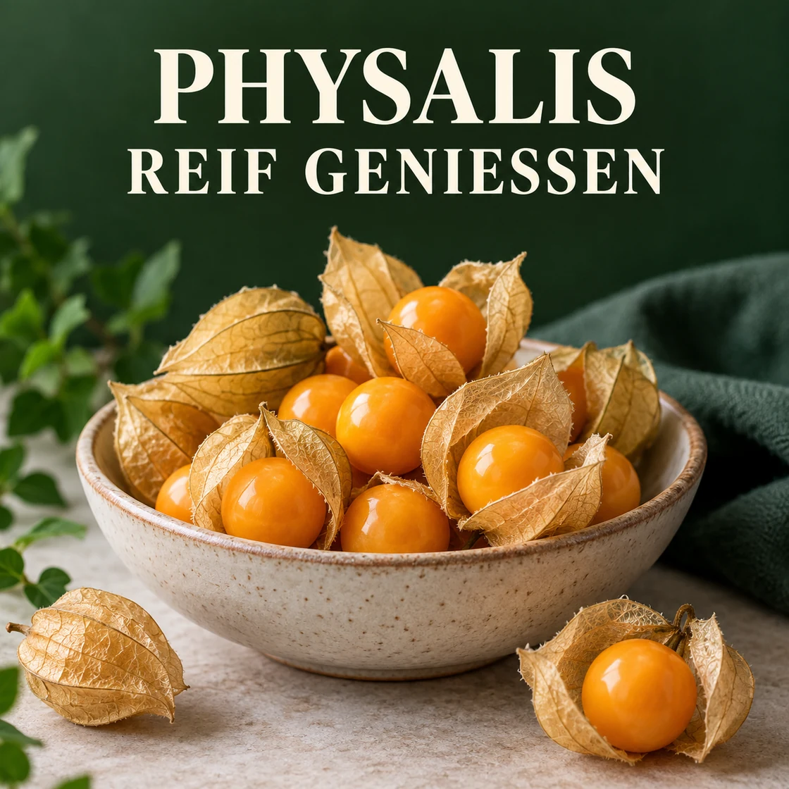 Physalis gesund: reife Kapstachelbeeren mit trockenen Hüllen und Schriftzug PHYSALIS REIF GENIESSEN