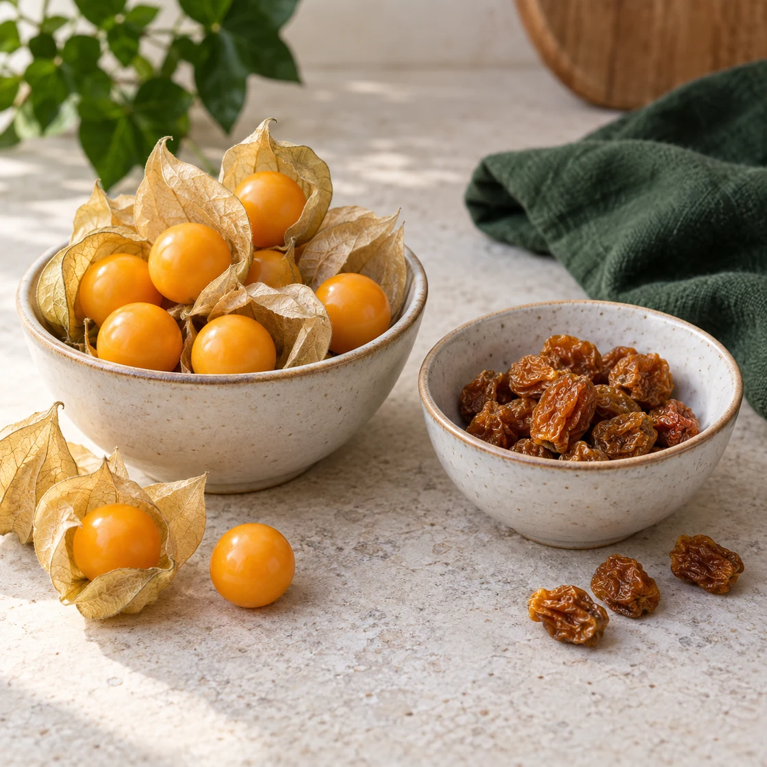 Physalis gesund: frische Kapstachelbeeren und eine kleinere Portion getrockneter Beeren in zwei Schalen