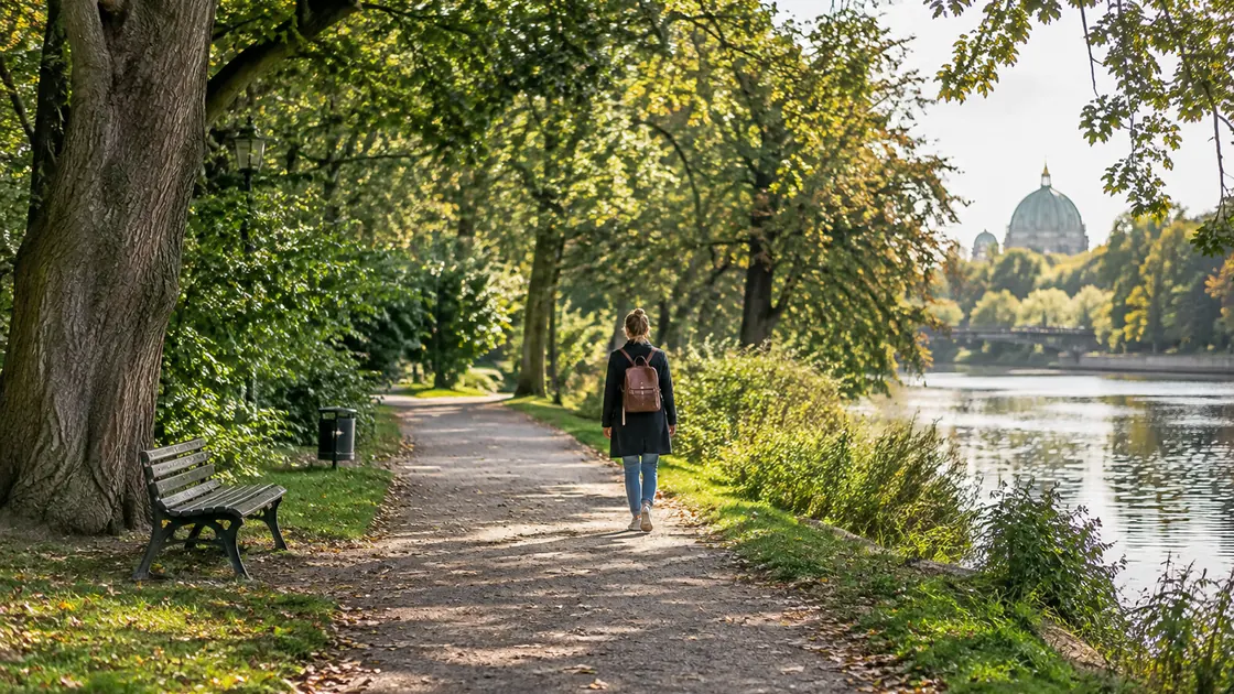 Psyche stärken – ruhiger Spaziergang im Tageslicht auf einem grünen Berliner Parkweg.