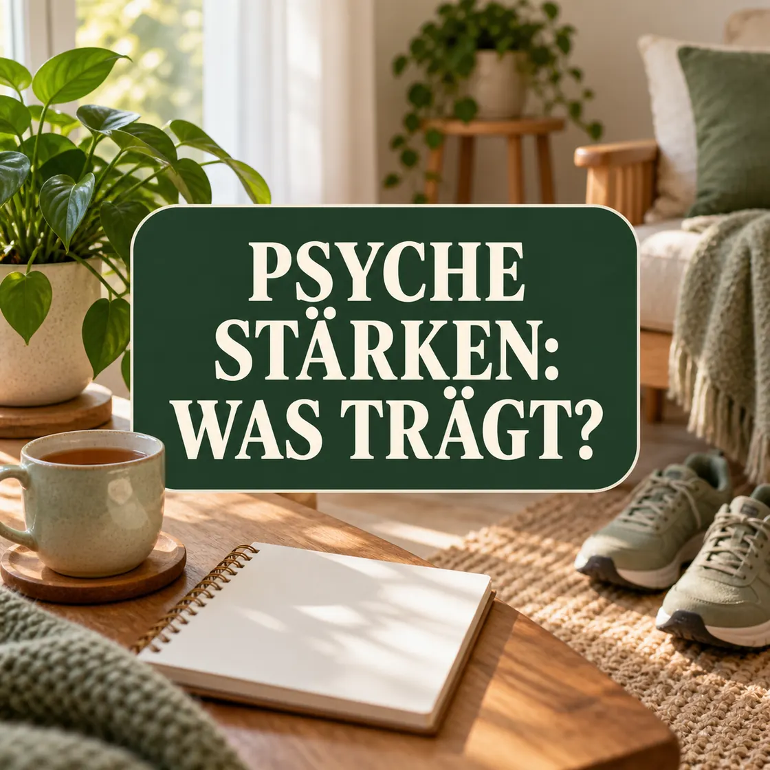 Psyche stärken – ruhiges Zimmer mit Tee, Schuhen, leerem Notizbuch und zentraler Überschrift.