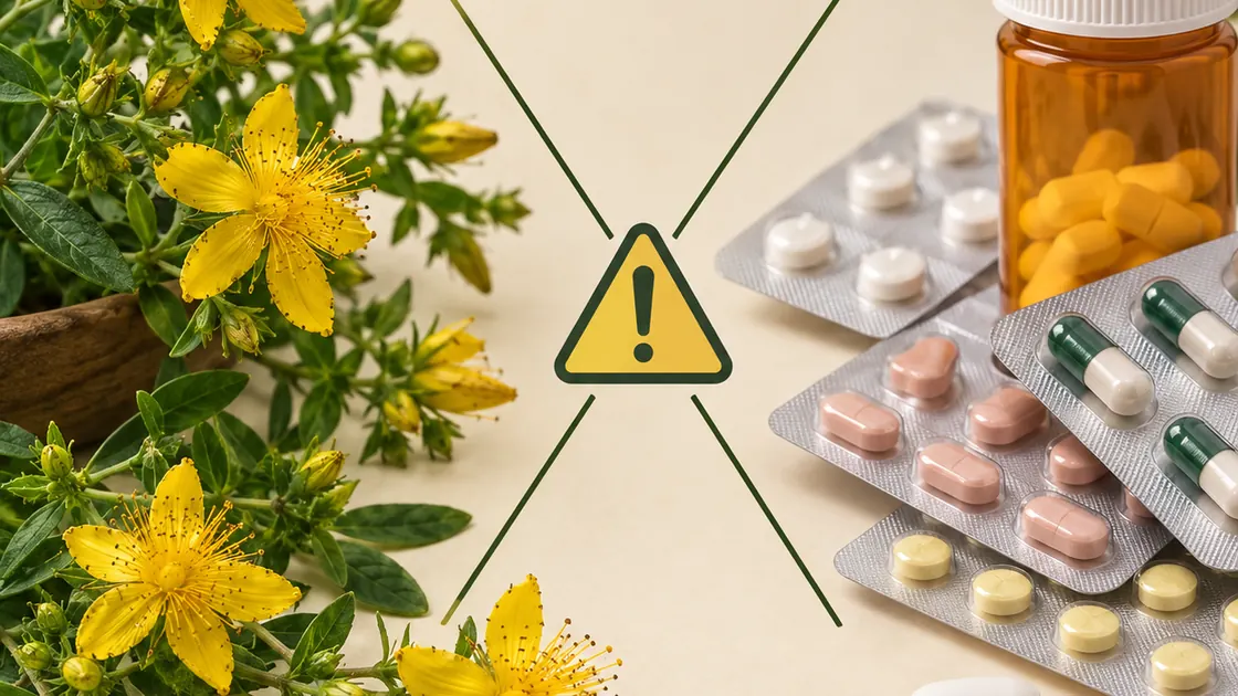 Psyche und Nerven stärken Medikament – Johanniskraut neben Arzneimittelpackungen und Warnsymbol.