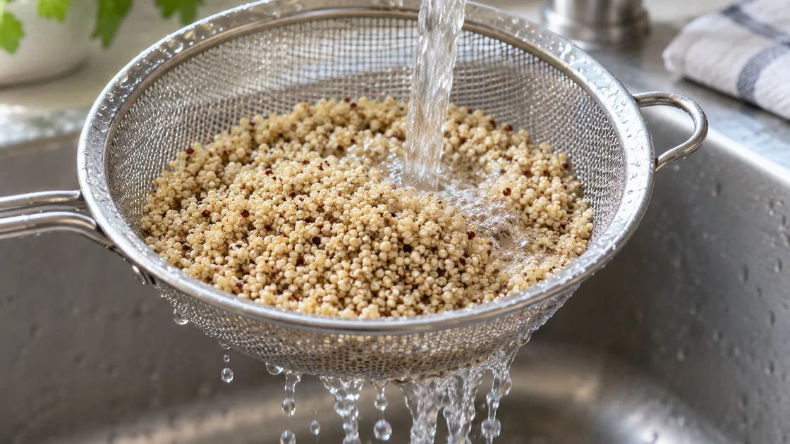 Quinoa gesund: kleine Samen im Sieb unter Wasser spülen