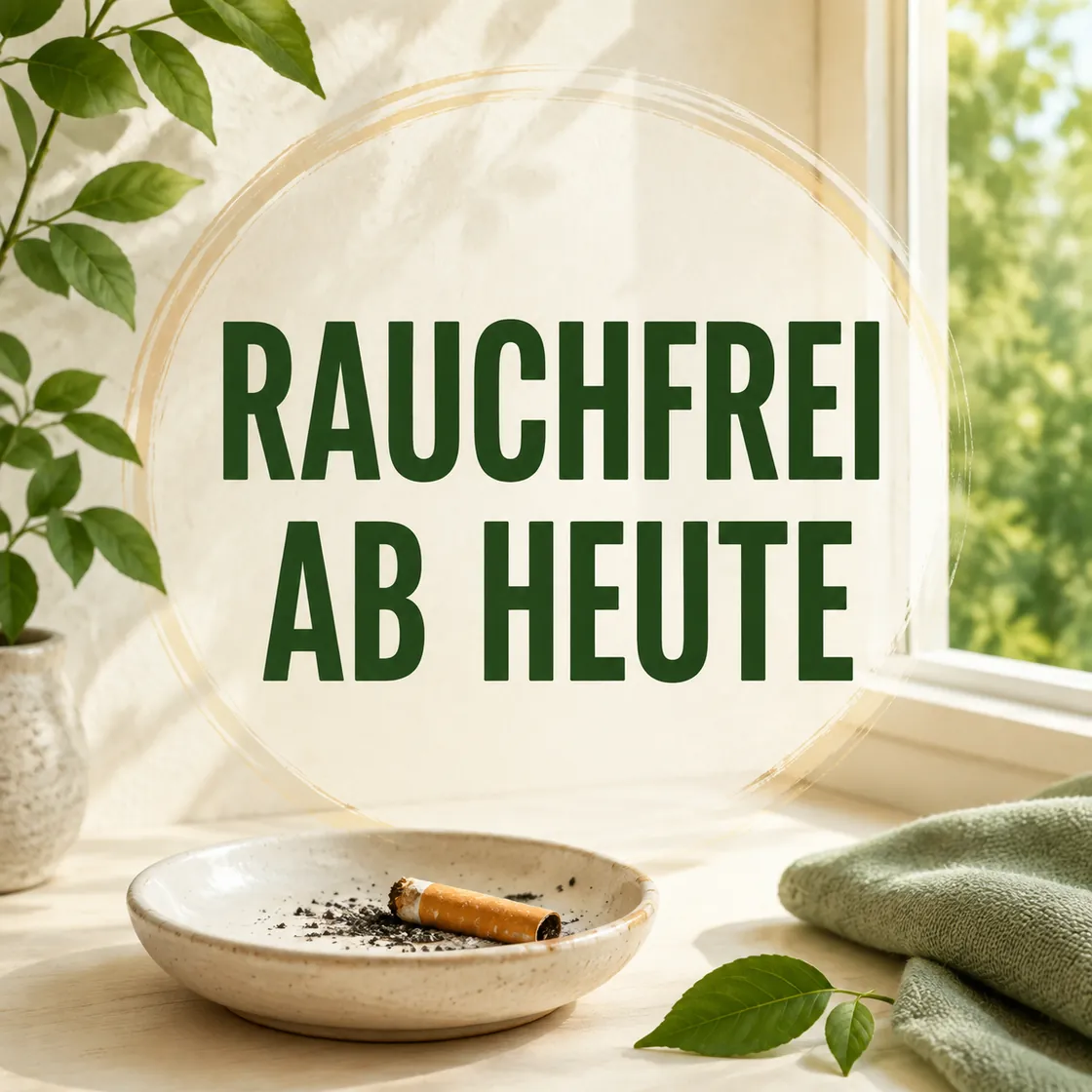 Rauchen aufhören sofort ohne Hilfsmittel – ausgedrückte Zigarette mit dem Hinweis Rauchfrei ab heute.