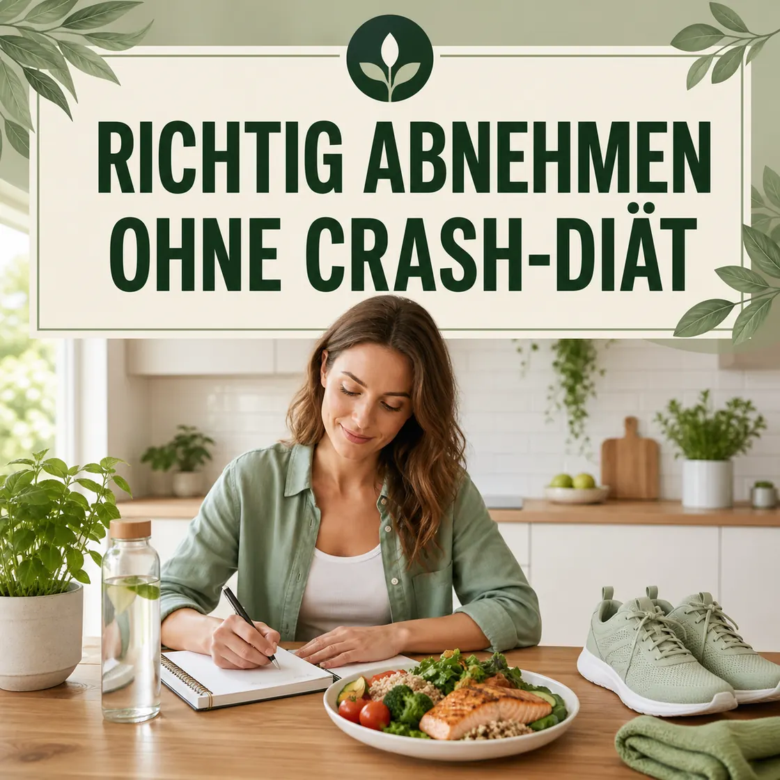 Richtig abnehmen – Frau plant Mahlzeiten und Bewegung neben dem Hinweis ohne Crash-Diät.