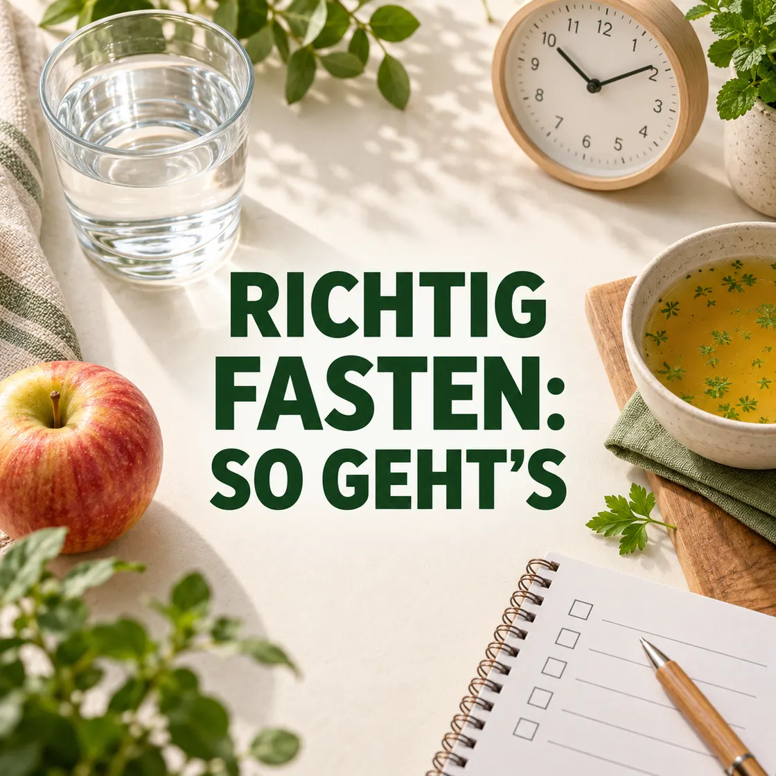 Richtig fasten – Wasser, Uhr, Gemüsebrühe und Apfel mit einem kompakten Planungshinweis.