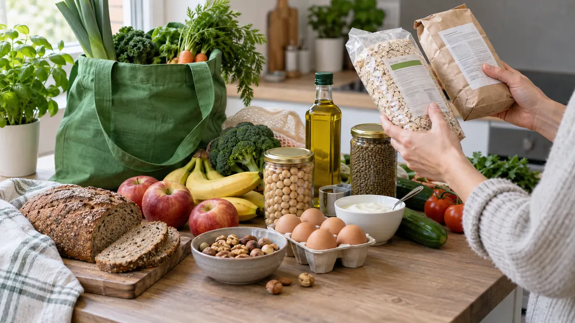 Richtige Ernährung – Gemüse, Obst, Vollkorn, Hülsenfrüchte und weitere Lebensmittel beim Etikettenvergleich.