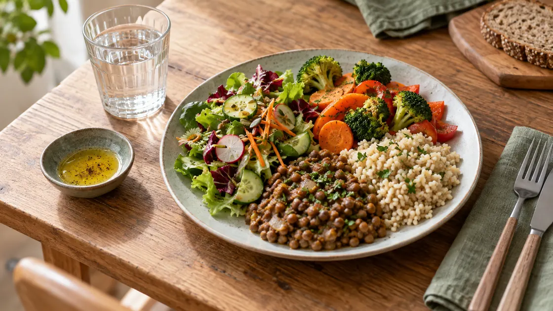 Richtige Ernährung – ausgewogene Mahlzeit mit Gemüse, Vollkornbeilage, Linsen und Wasser.