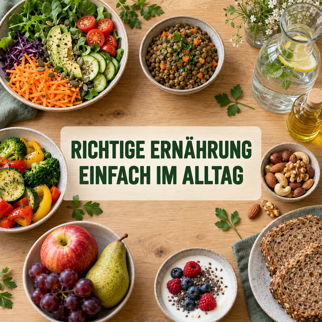 Richtige Ernährung – ausgewogene Alltagslebensmittel auf einem Esstisch mit zentralem Textfeld.